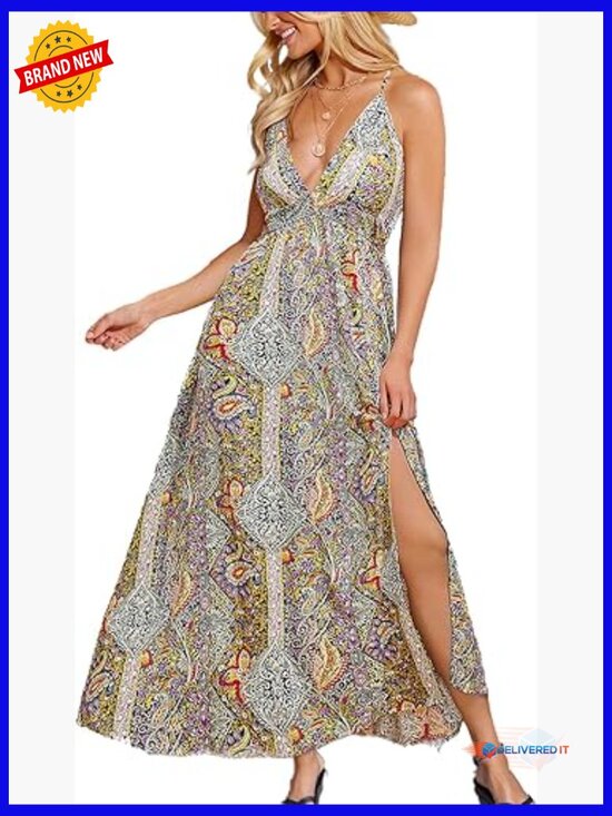 Dresses & Skirts - Sleeveless Maxi Dress with Spaghetti Straps, V-Neck, A-Line, Flowy Beach